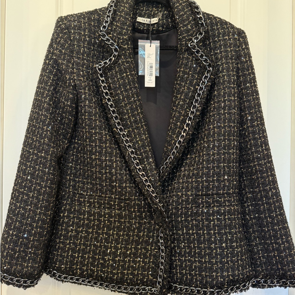 Alice + Olivia Black & Gold Tweed Chain-Trim Jacket
